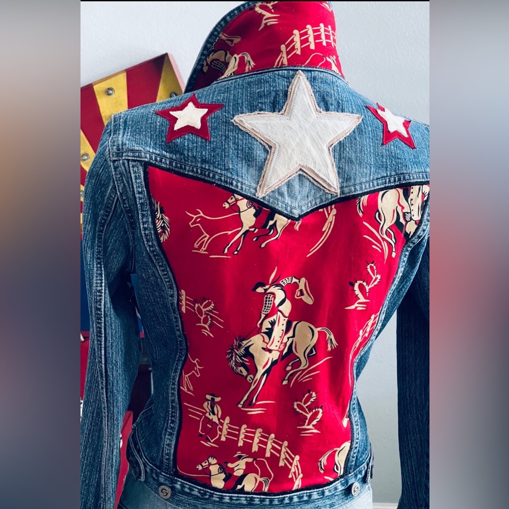 Red Buckin' Bronc Reworked One of Kind Western Denim Jacket | Size Medium